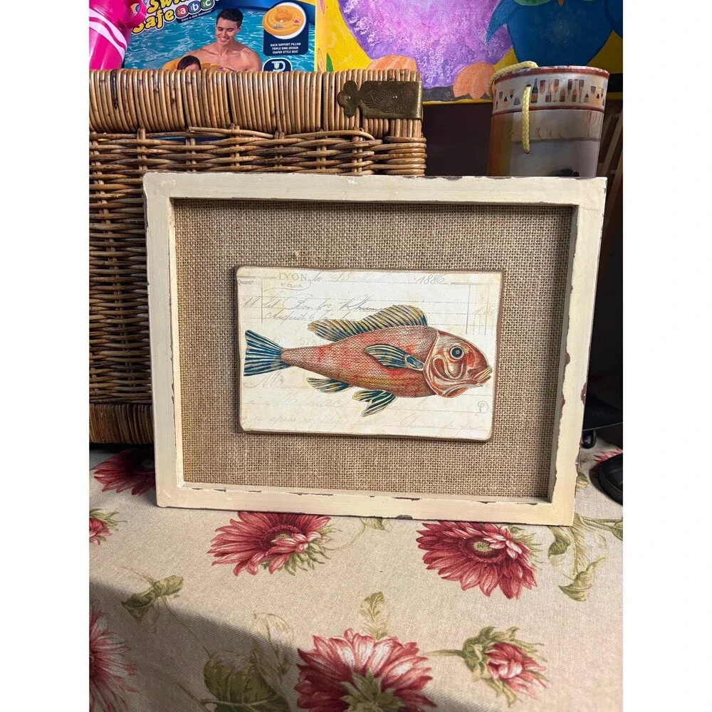 Rustic Coastal Fish Wall Art | Framed Nautical Fish Print on Burlap | Beach Cott